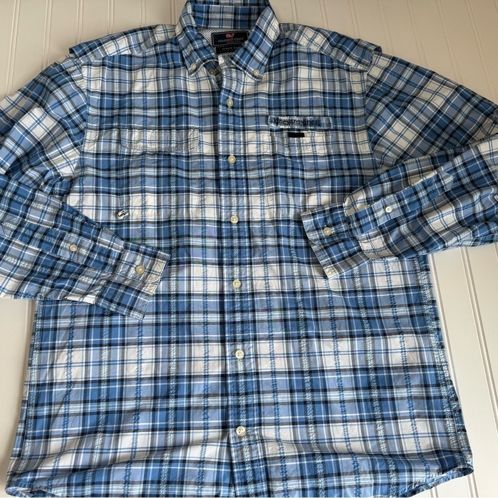 Vineyard Vines Harbor Shirt Mens Small Blue Plaid Fishing Vented 975